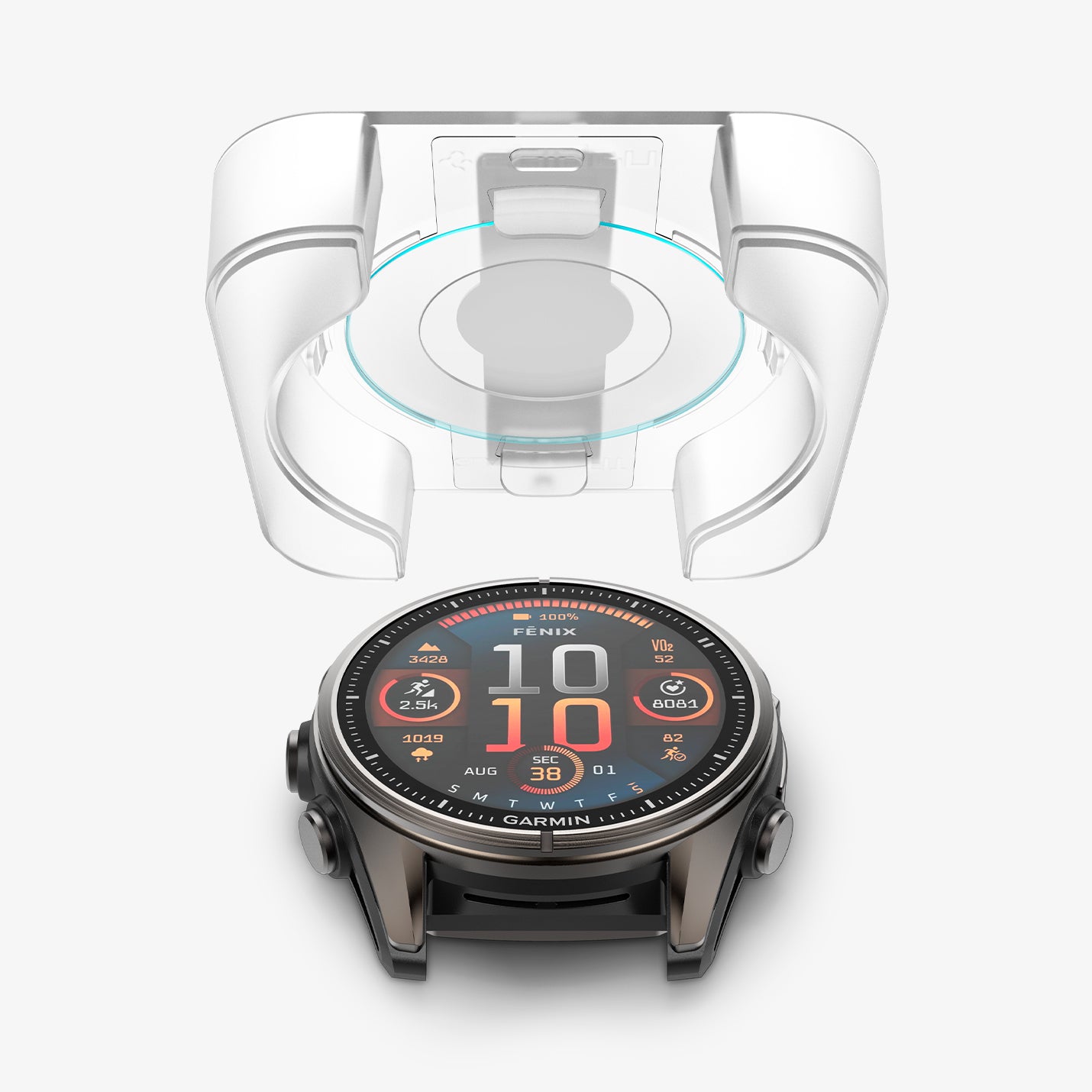 AGL09159 - Fenix 8 (43mm) Glas.tR EZ FIT in Clear showing the ez fit tray hovering above the watch face
