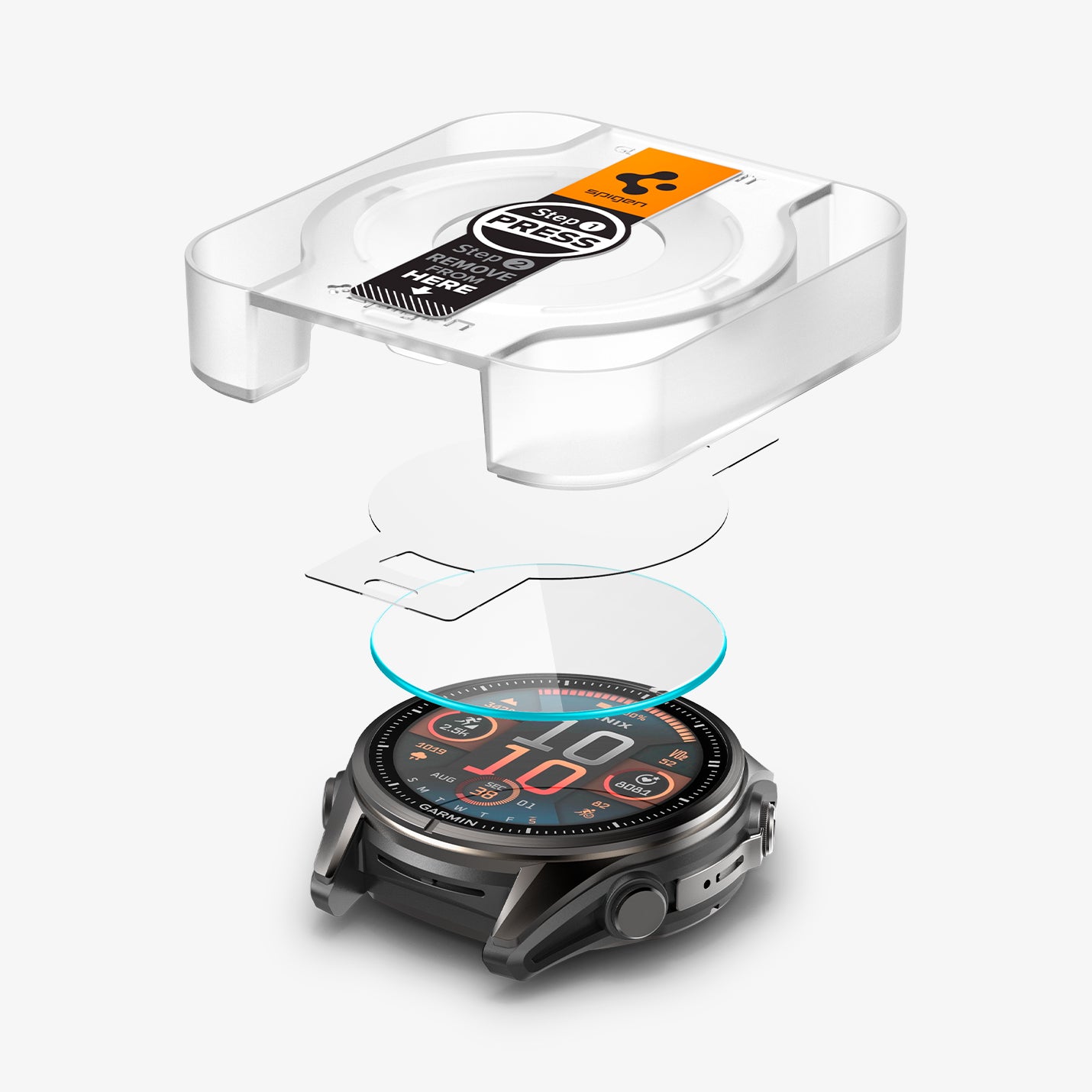 AGL09159 - Fenix 8 (43mm) Glas.tR EZ FIT in Clear showing the front of alignment tray hovering above the film strip, screen protector and the watch face