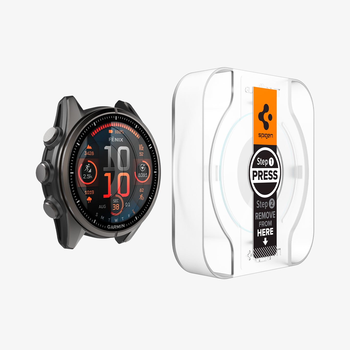 AGL09158 - Fenix 8 (47mm) Glas.tR EZ FIT in Clear showing the front, partial side of the alignment tray hovering in front of the watch face 