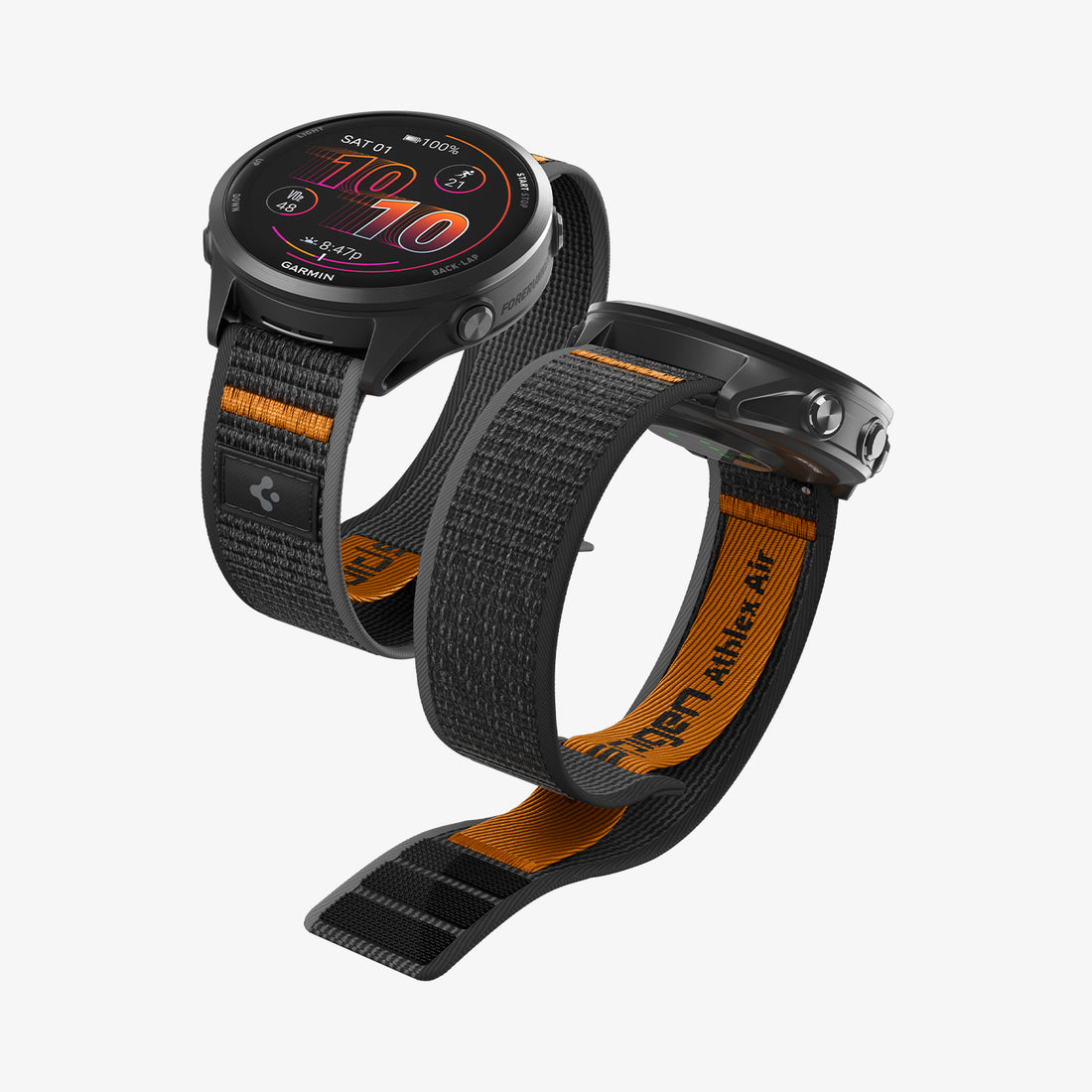 AMP11425 - Gamin 22mm Athlex Air Quick Realase showing dual smartwatch setup with Athlex Air 2 Quick Release 22mm woven bands in black and orange
