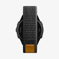 AMP11425 - Gamin 22mm Athlex Air Quick Realase showing rear sensor view of smartwatch with Athlex Air 2 Quick Release 22mm woven band in black and orange