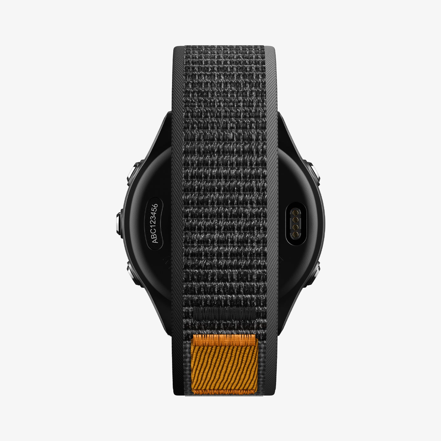 AMP11425 - Gamin 22mm Athlex Air Quick Realase showing rear sensor view of smartwatch with Athlex Air 2 Quick Release 22mm woven band in black and orange