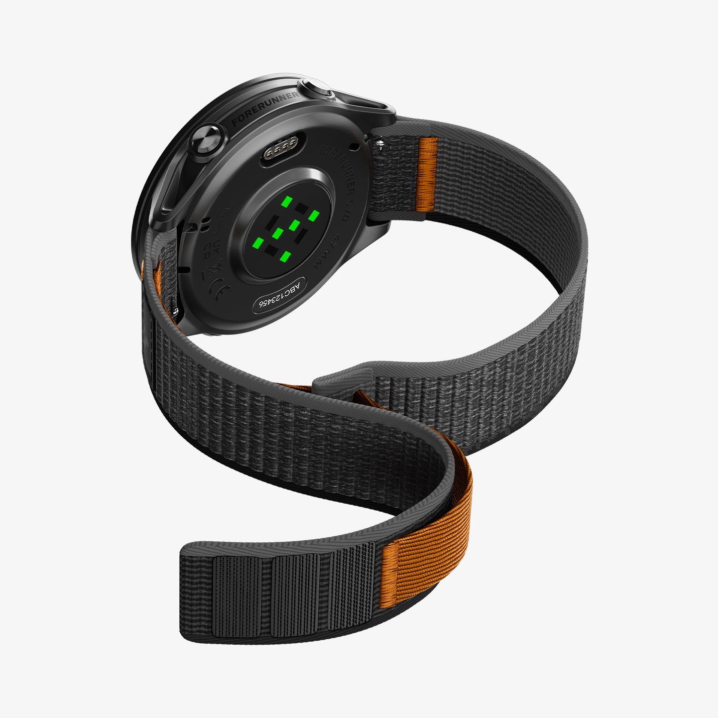 AMP11425 - Gamin 22mm Athlex Air Quick Realase showing angled rear perspective of smartwatch with textured Athlex Air 2 Quick Release 22mm woven band in black and orange