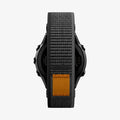 AMP11426 - Gamin 22mm Athlex Air Quick Fit showing rear sensor view of smartwatch with Athlex Air Quick Fit 22mm woven band in black and orange
