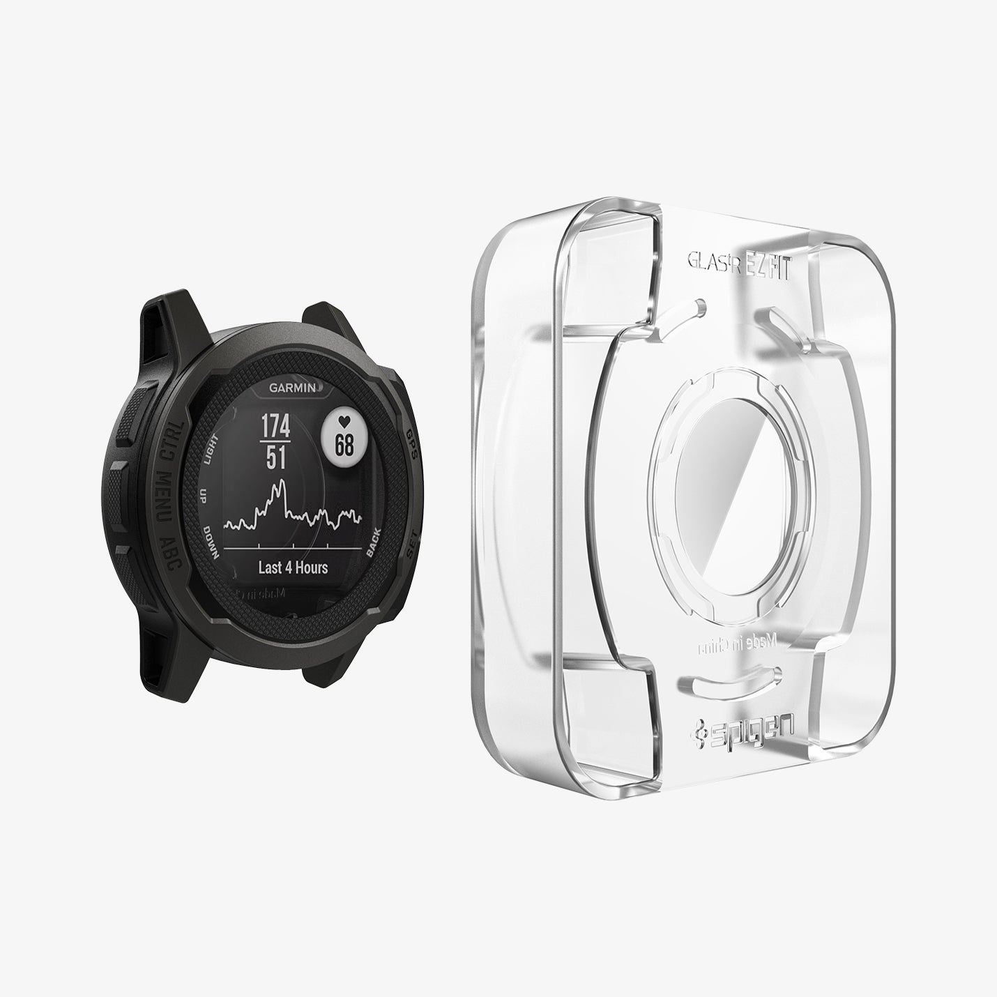 AGL04797 - Garmin Instinct 2 Screen Protector EZ FIT Glas.tR showing the ez fit tray hovering in front of the watch face