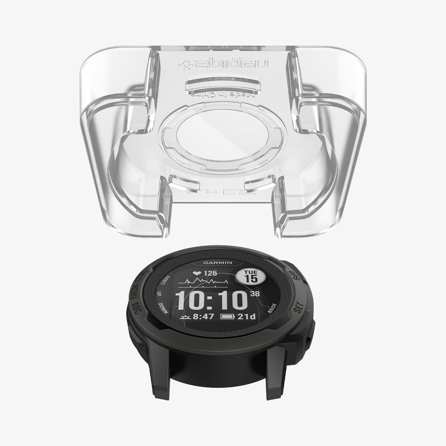 AGL04797 - Garmin Instinct 2 Screen Protector EZ FIT Glas.tR showing the ez fit tray hovering above the watch face