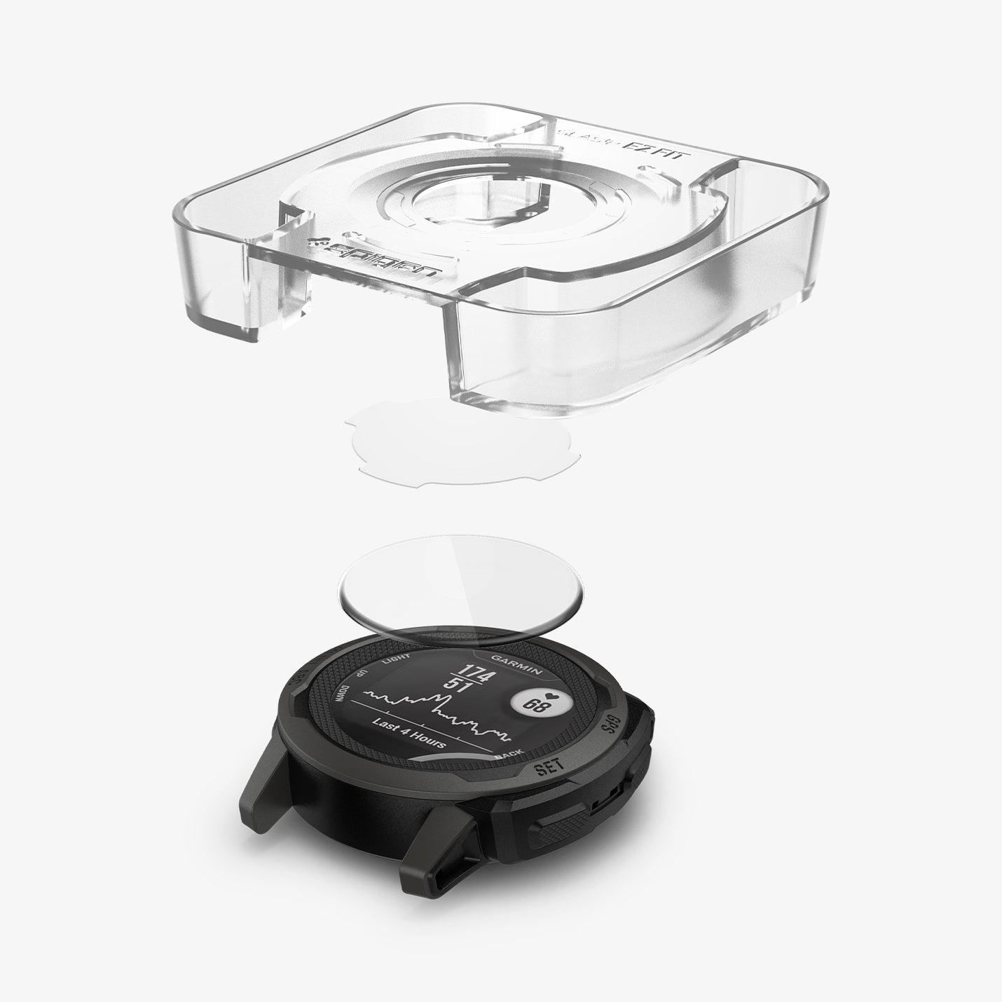 AGL04797 - Garmin Instinct 2 Screen Protector EZ FIT Glas.tR showing the ez fit tray and screen protector hovering above the watch face