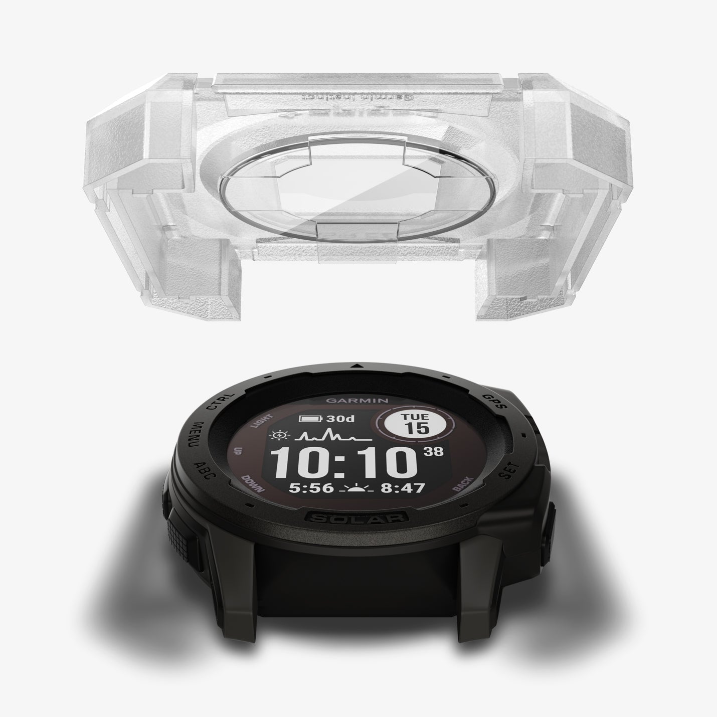 AGL02994 - Garmin Instinct Screen Protector EZ FIT Glas.tR showing the ez fit tray hovering above the watch face