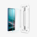 AGL09078 - Galaxy S25 Ultra GLAS.tR EZ Fit in Clear showing the alignment tray hovering in front of the screen protector and the device