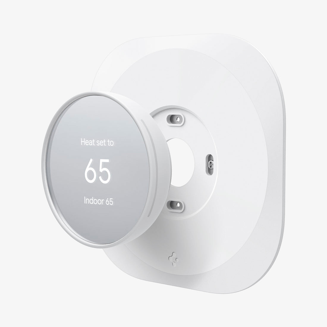 AHP02763 - Google Nest Thermostat Wall Plate in white showing the google nest hovering in front of the wall plate