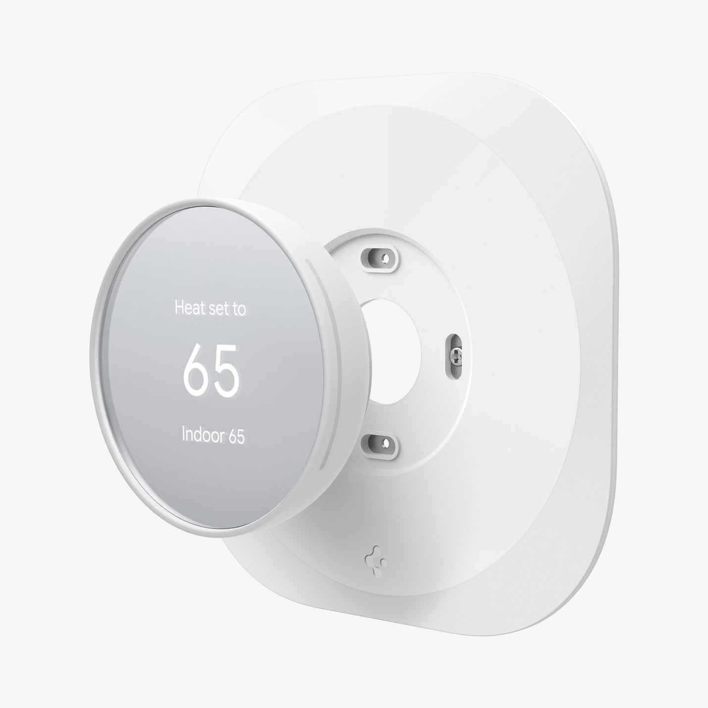 AHP02763 - Google Nest Thermostat Wall Plate in white showing the google nest hovering in front of the wall plate