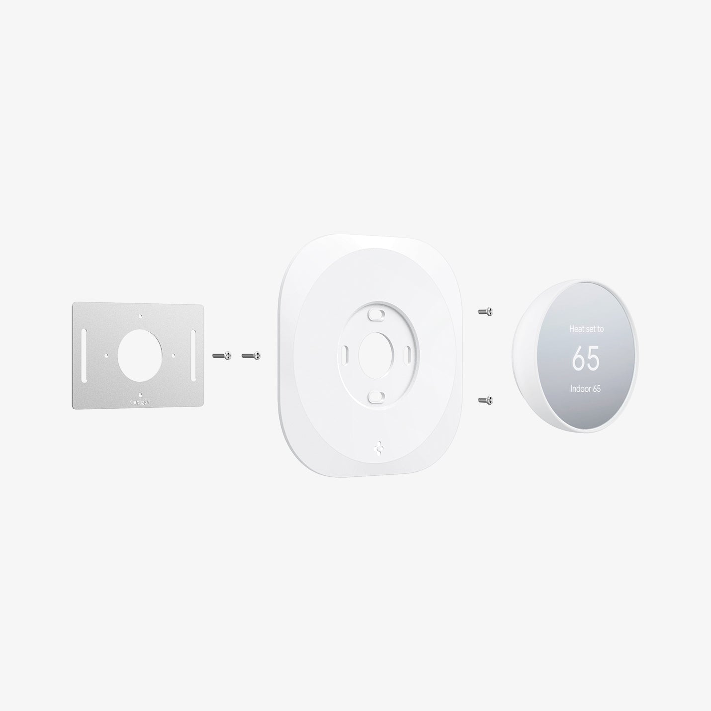 AHP02763 - Google Nest Thermostat Wall Plate in white showing the multiple parts of wall plate hovering behind the google nest