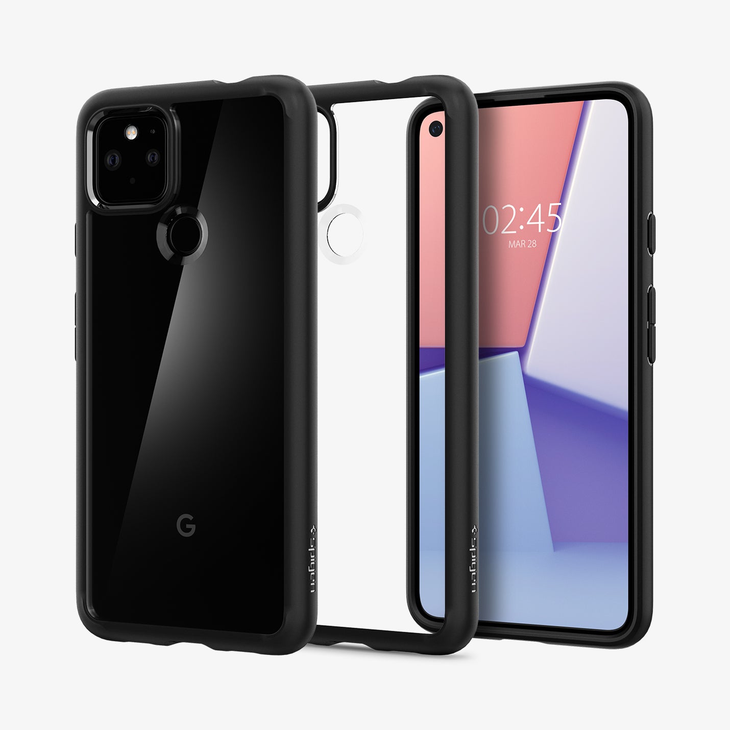ACS01882 - Pixel 4a (5G) Case Ultra Hybrid in Matte Black showing the back, partial side, in the middle, a clear case with dark frame and next to it, a device showing front and partial side aligned with each other