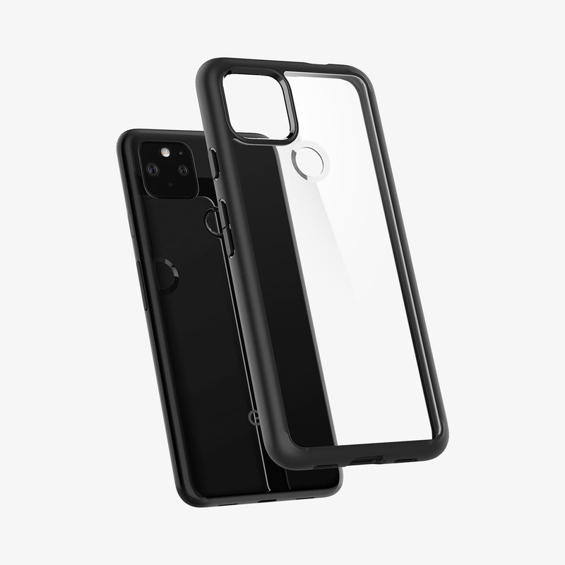 ACS01882 - Pixel 4a (5G) Case Ultra Hybrid in Matte Black showing the clear back with dark frame case hovering above the device