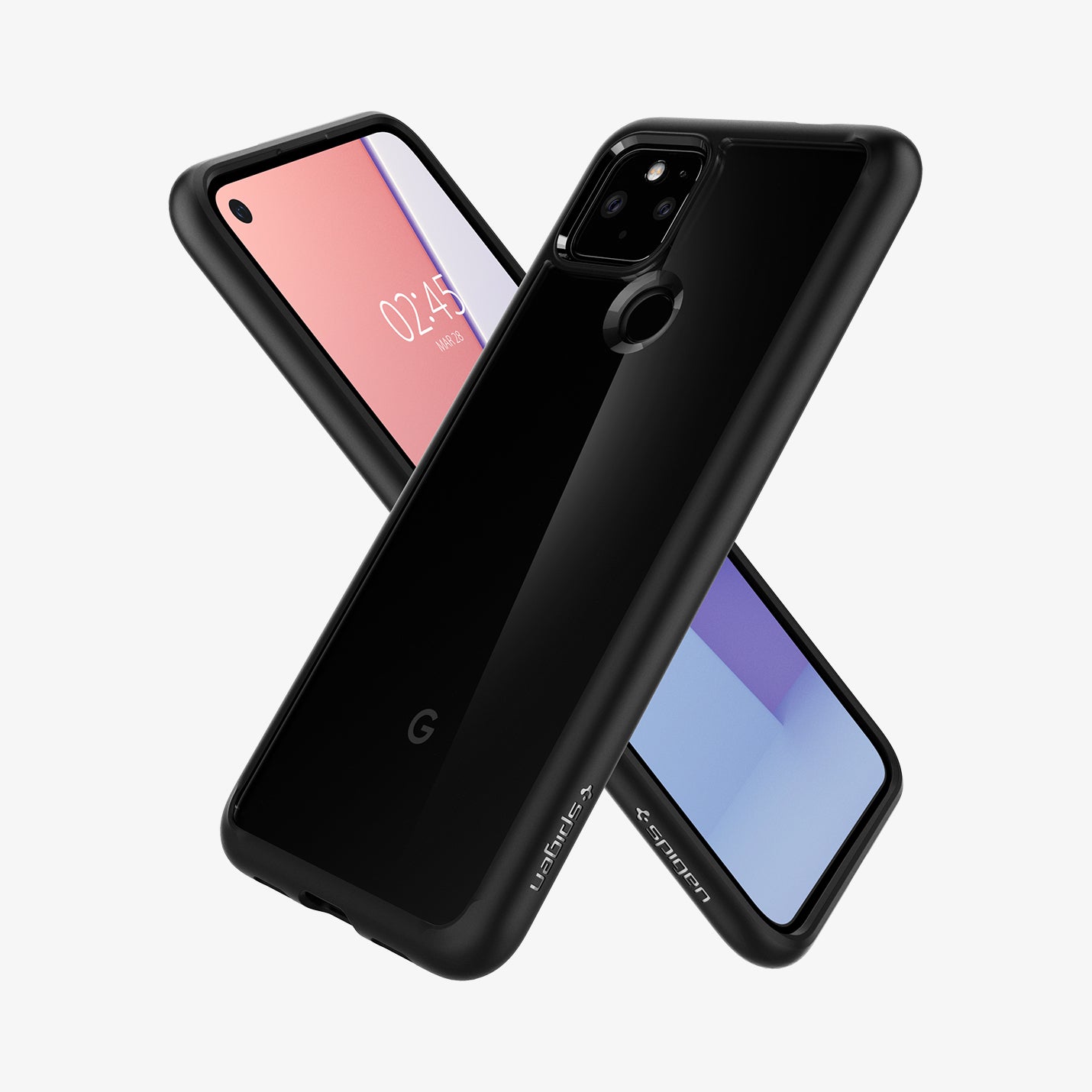 ACS01882 - Pixel 4a (5G) Case Ultra Hybrid in Matte Black showing the back, partial side beside it, a device showing partial front and side