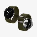 AMP07608 - Pixel Watch Lite Fit in Khaki showing the partial sides, back and partial inner side of the band of 2 pixel watches side by side