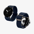 AMP07607 - Pixel Watch 5 (41mm) Lite Fit Navy angled views highlighting the flexible woven construction and premium metal buckle.