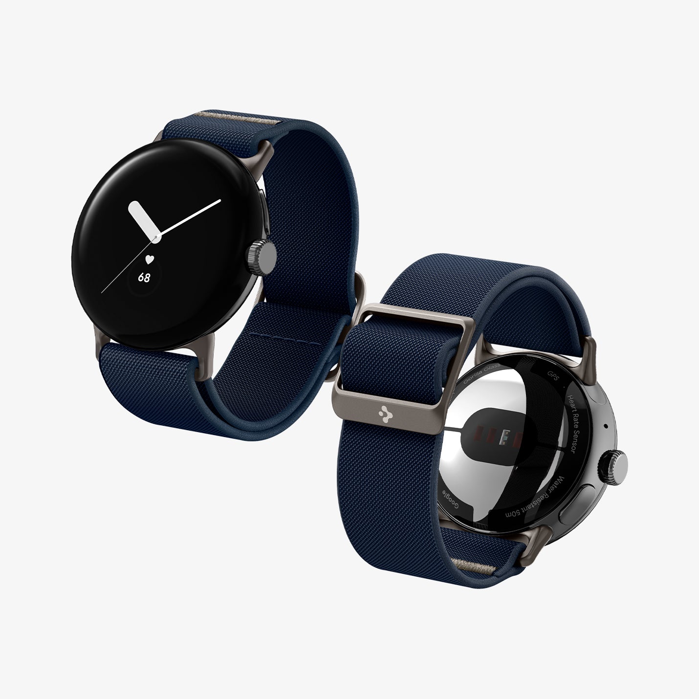 AMP07607 - Pixel Watch 5 (41mm) Lite Fit Navy angled views highlighting the flexible woven construction and premium metal buckle.