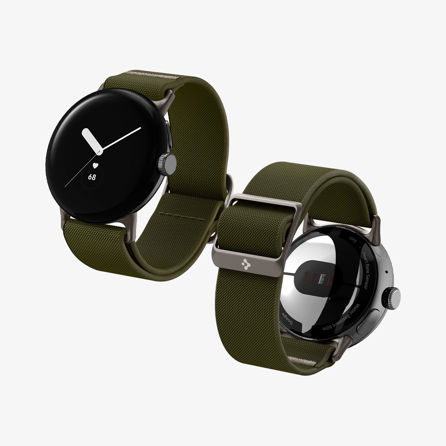 AMP07608 - Pixel Watch 5 (41mm) Lite Fit Khaki angled views highlighting the flexible woven construction and premium metal buckle.