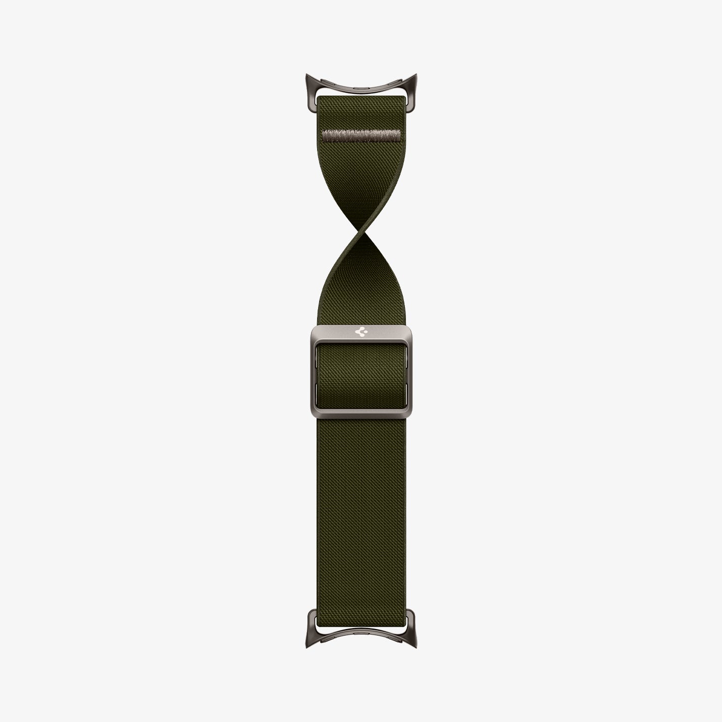 AMP07608 - Pixel Watch 5 (41mm) Lite Fit Khaki full-length view illustrating the adjustable sliding buckle and streamlined profile.