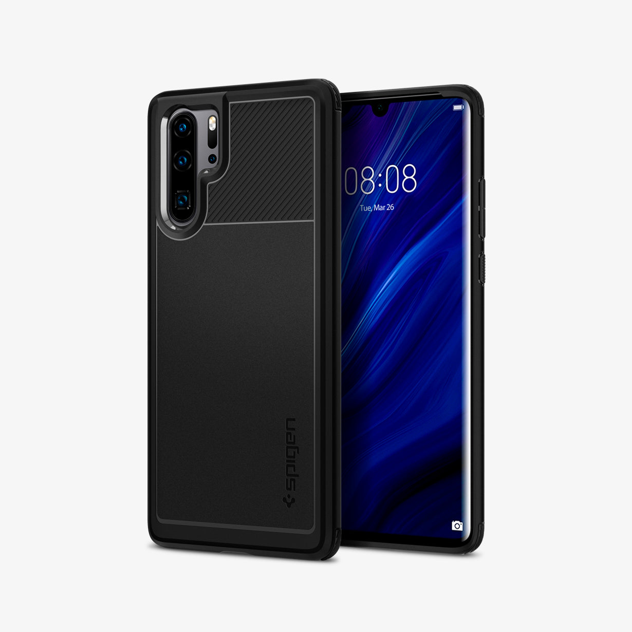 L37CS25725 - Huawei P30 Pro Case Rugged Armor in black showing the back and front