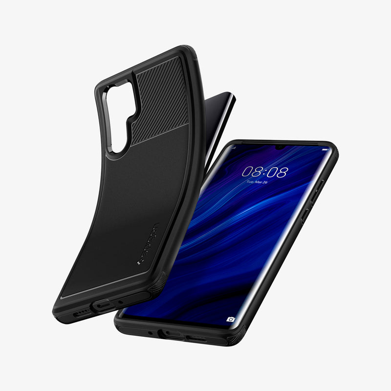 L37CS25725 - Huawei P30 Pro Case Rugged Armor in black showing the back, front and sides