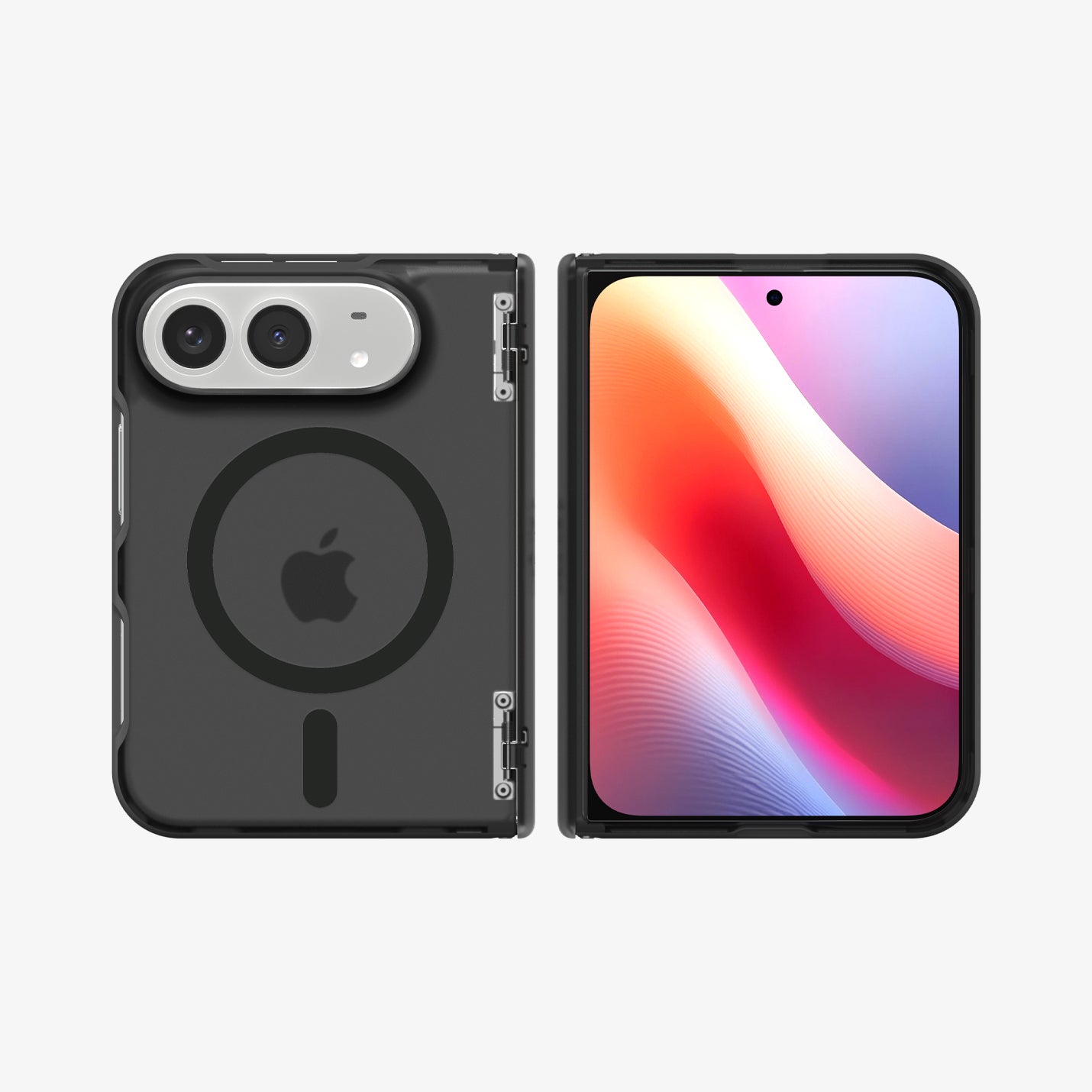 ACS11689 - iPhone Duo Ultra Hybrid Pro (Mag Fit) in Frost Black showing the case from front and back with a magnetic ring and full hinge coverage