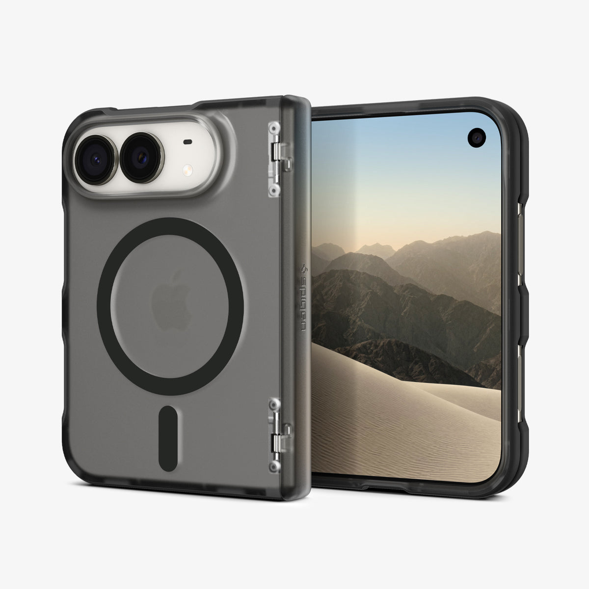 ACS11689 - iPhone Duo Ultra Hybrid Pro (Mag Fit) in Frost Black showing a fully unfolded phone case with a magnetic ring, raised camera edges, and hinge protection