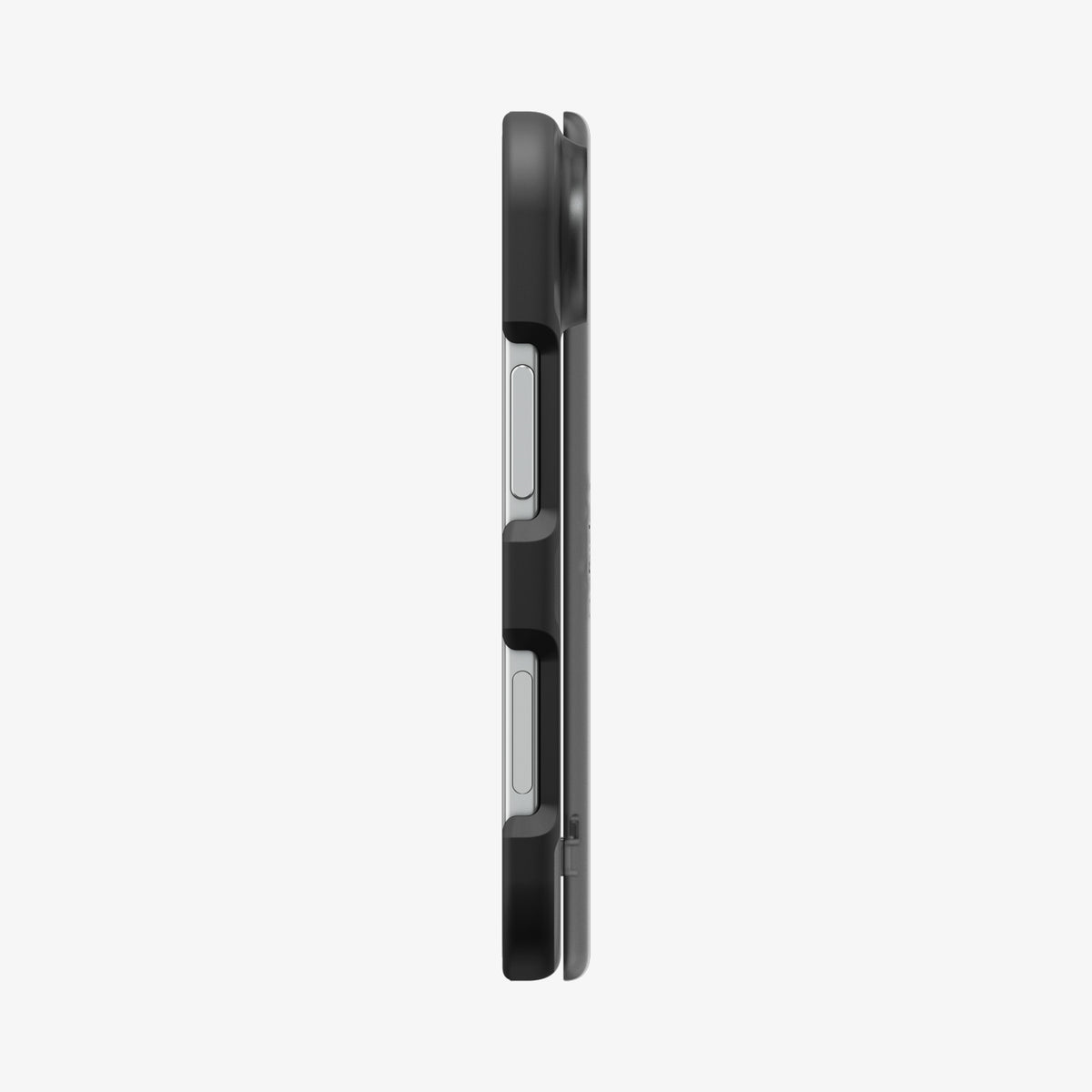 ACS11689 - iPhone Duo Ultra Hybrid Pro (Mag Fit) in Frost Black showing the slim side profile with precise button cutouts and hinge protection
