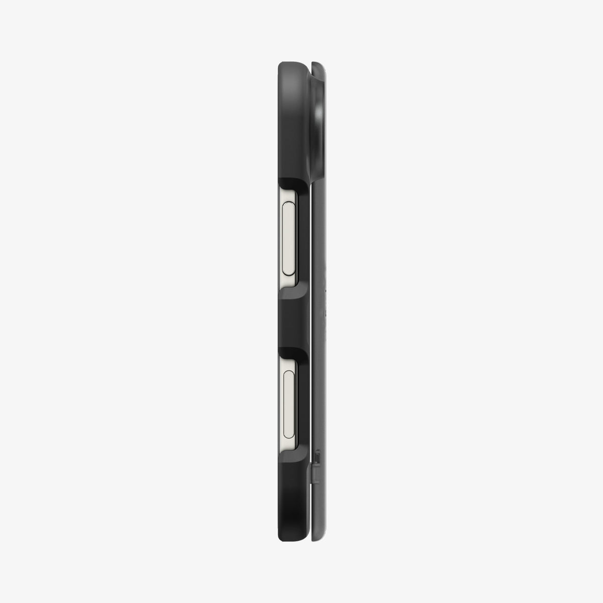 ACS11689 - iPhone Duo Ultra Hybrid Pro (Mag Fit) in Frost Black showing a side profile of the foldable phone case with precise button cutouts and hinge protection