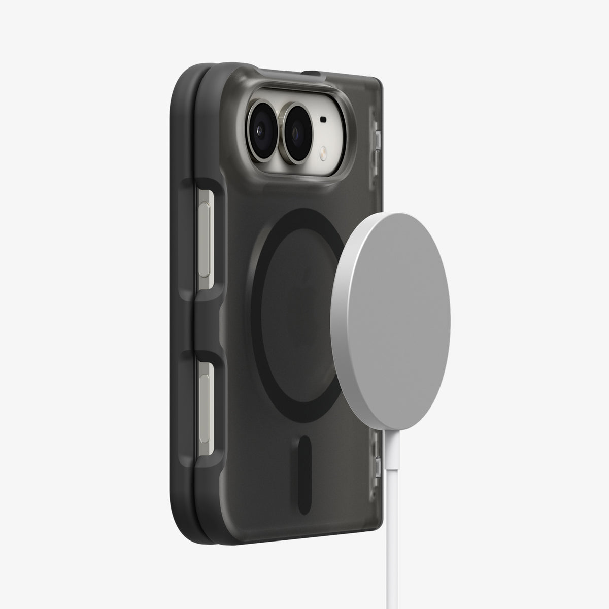 ACS11689 - iPhone Duo Ultra Hybrid Pro (Mag Fit) in Frost Black showing a folded phone case with a magnetic charger positioned near the magnetic ring on the back