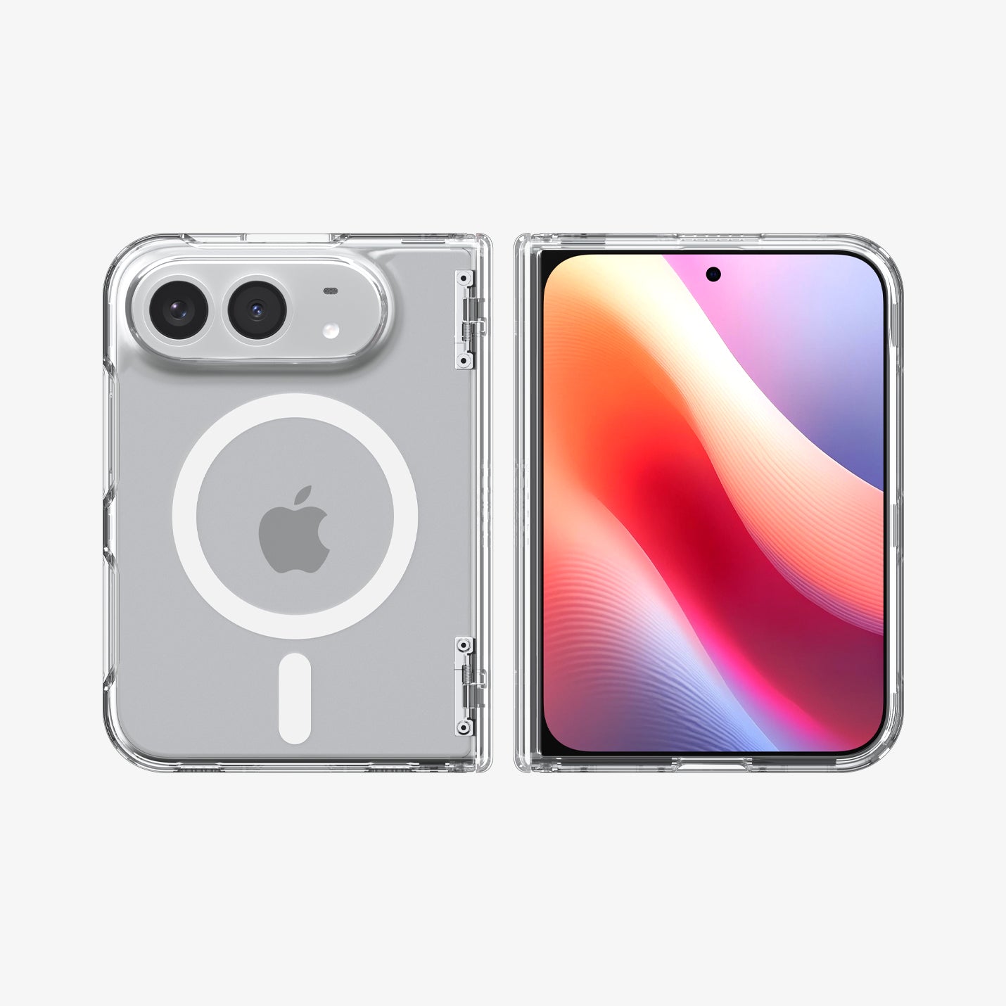 ACS11688 - iPhone Duo Ultra Hybrid Pro (Mag Fit) in Clear White showing the case from front and back with a magnetic ring and full hinge coverage