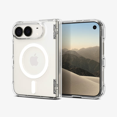 ACS11688 - iPhone Duo Ultra Hybrid Pro (Mag Fit) in Clear White showing a partially unfolded phone with a transparent case, magnetic ring, and hinge protection.