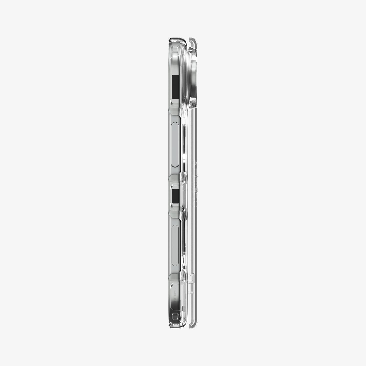 ACS11688 - iPhone Duo Ultra Hybrid Pro (Mag Fit) in Clear White showing the slim side profile with precise button cutouts and hinge protection
