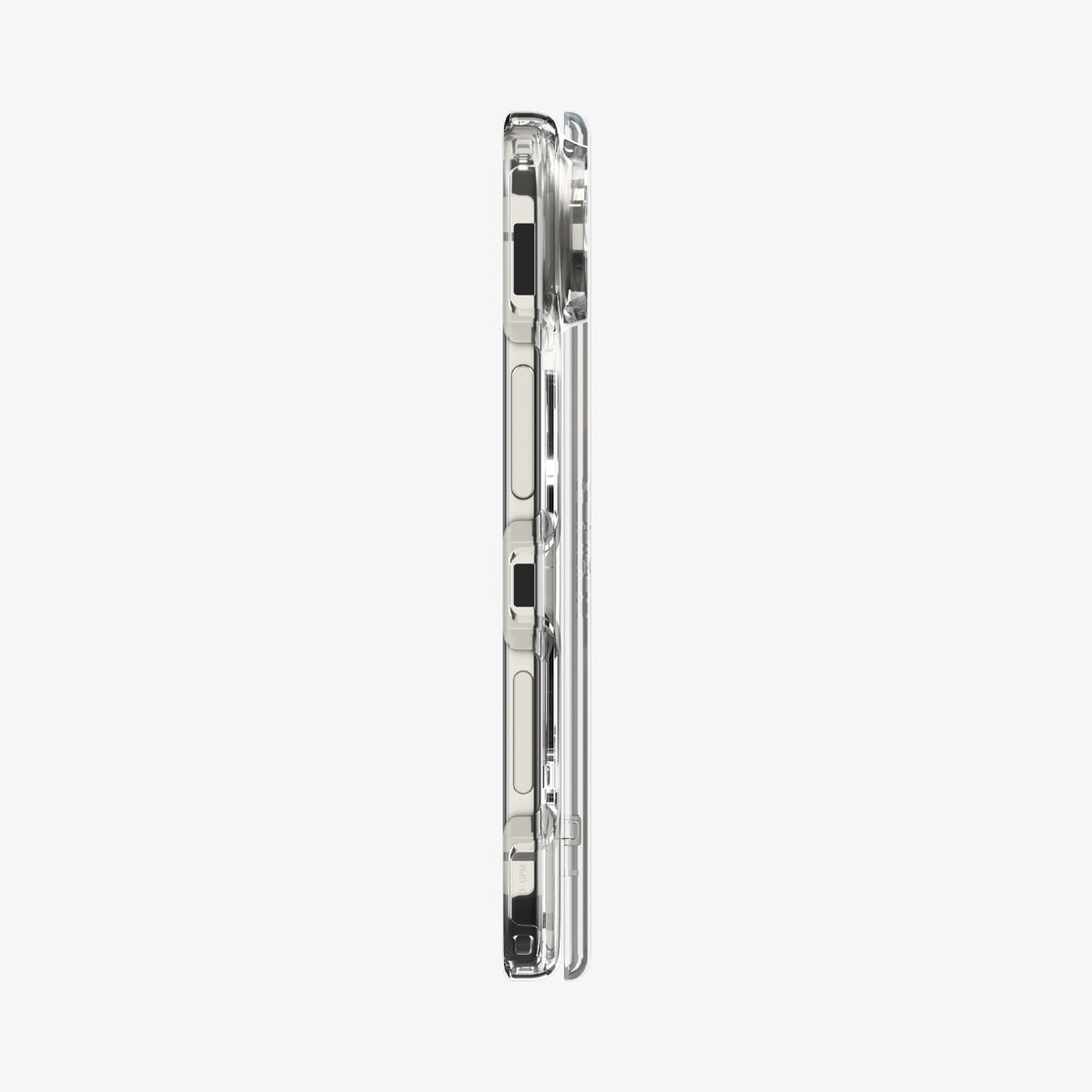 ACS11688 - iPhone Duo Ultra Hybrid Pro (Mag Fit) in Clear White showing a side view of a foldable phone with a transparent case, highlighting the slim profile and hinge protection.
