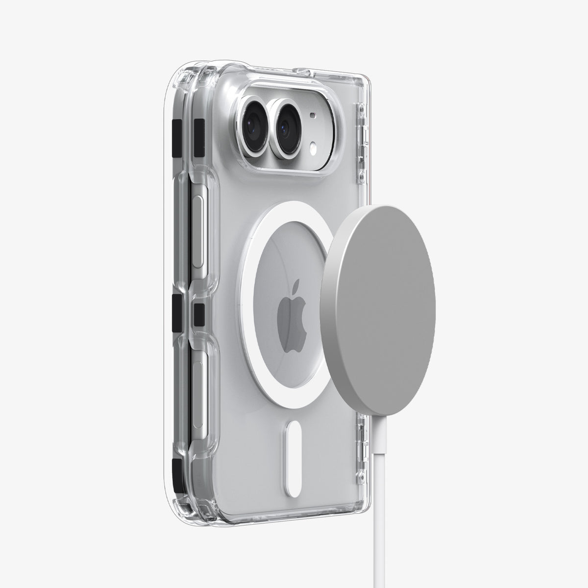 ACS11688 - iPhone Duo Ultra Hybrid Pro (Mag Fit) in Clear White showing magnetic accessory compatibility with a secure attachment