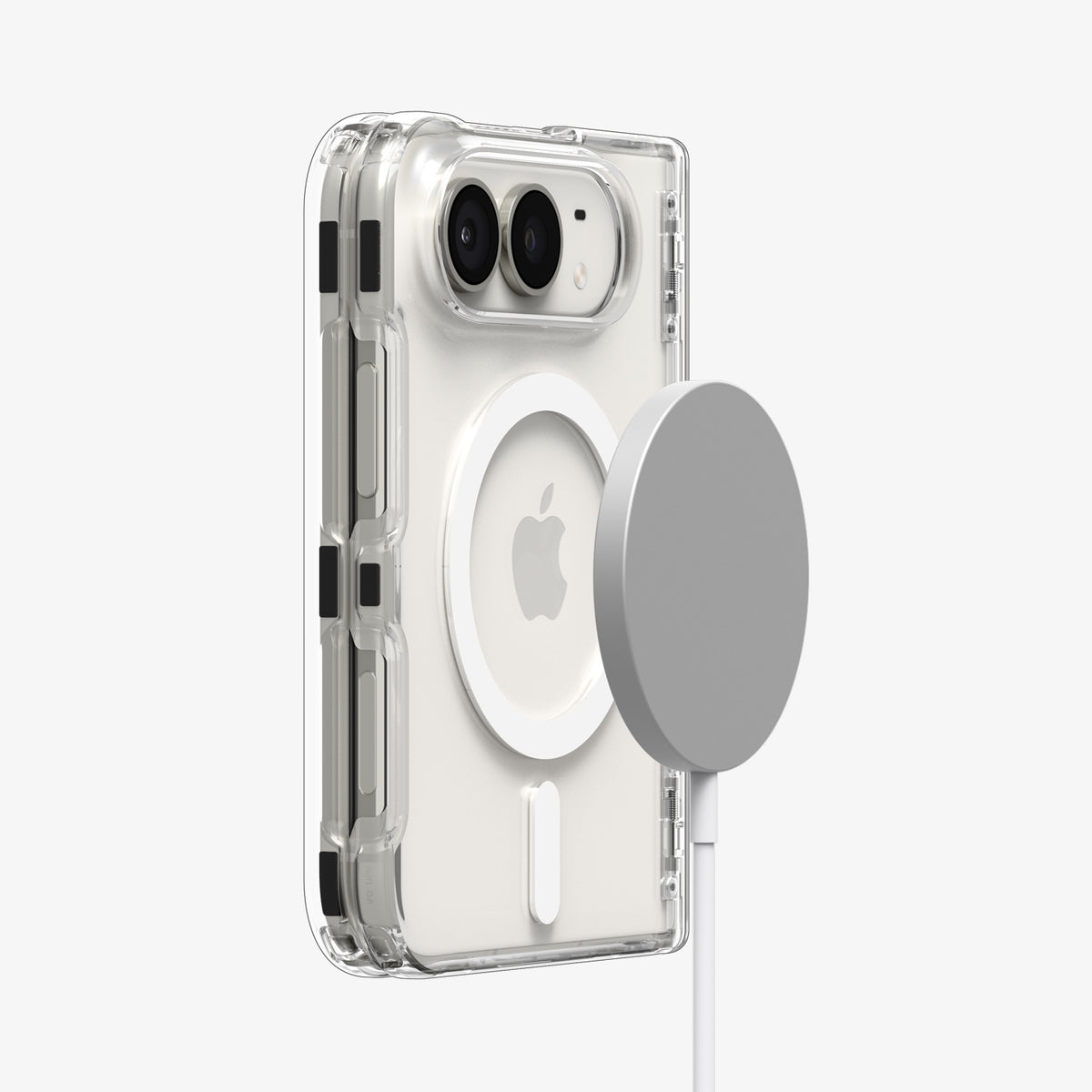  ACS11688 - iPhone Duo Ultra Hybrid Pro (Mag Fit) in Clear White showing a folded phone case with a magnetic charger positioned near the magnetic ring on the back