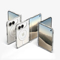  ACS11688 - iPhone Duo Ultra Hybrid Pro (Mag Fit) in Clear White showing multiple views of a foldable phone in a transparent case at different folding angles.