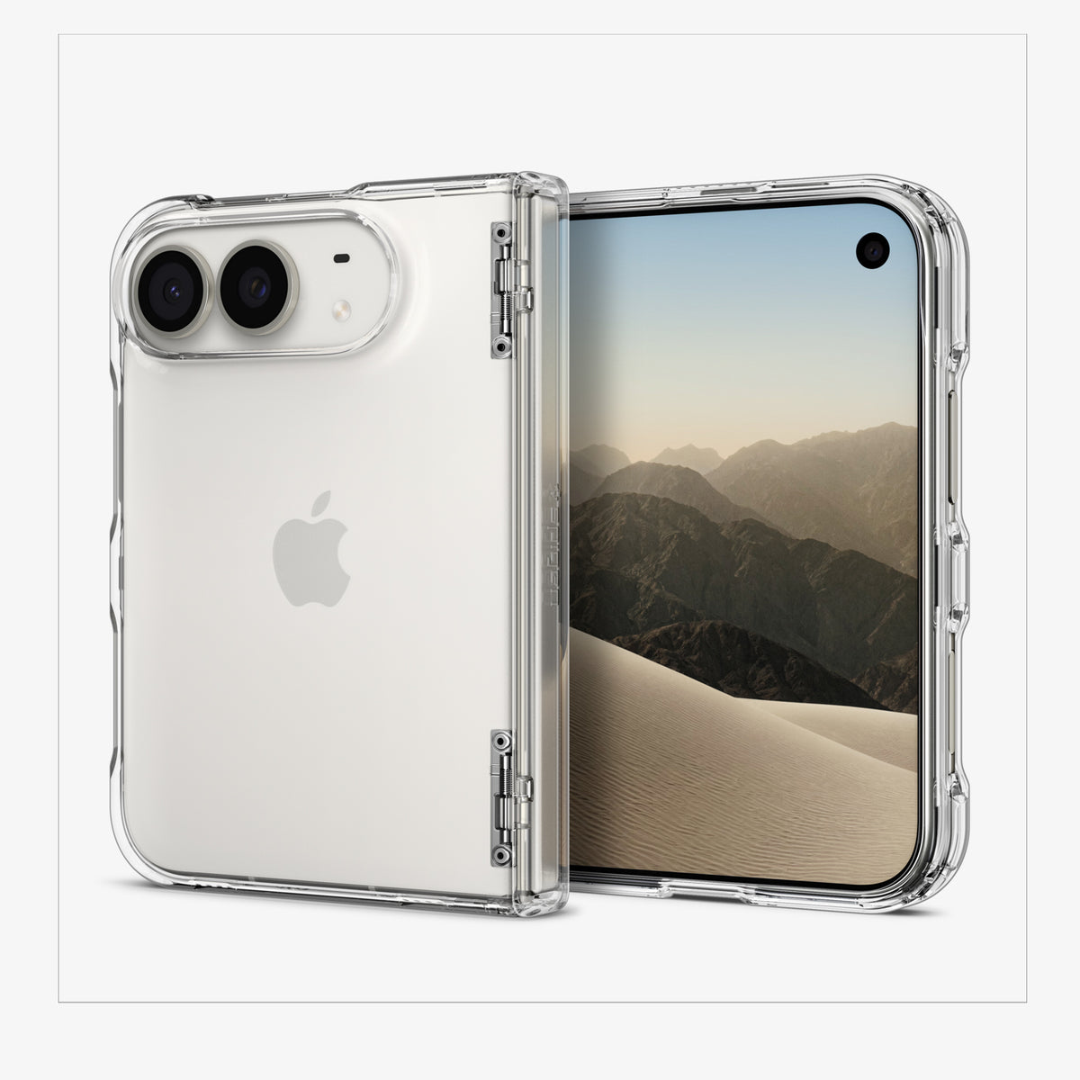 ACS11781 - iPhone Duo Ultra Hybrid Pro showing a foldable phone with a transparent case in an upright position, displaying the covered hinge, camera cutout, and front screen protection.