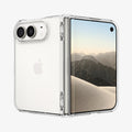 ACS11781 - iPhone Duo Ultra Hybrid Pro showing a foldable phone with a transparent case, featuring a covered hinge, raised camera edges, and clear front and back protection.