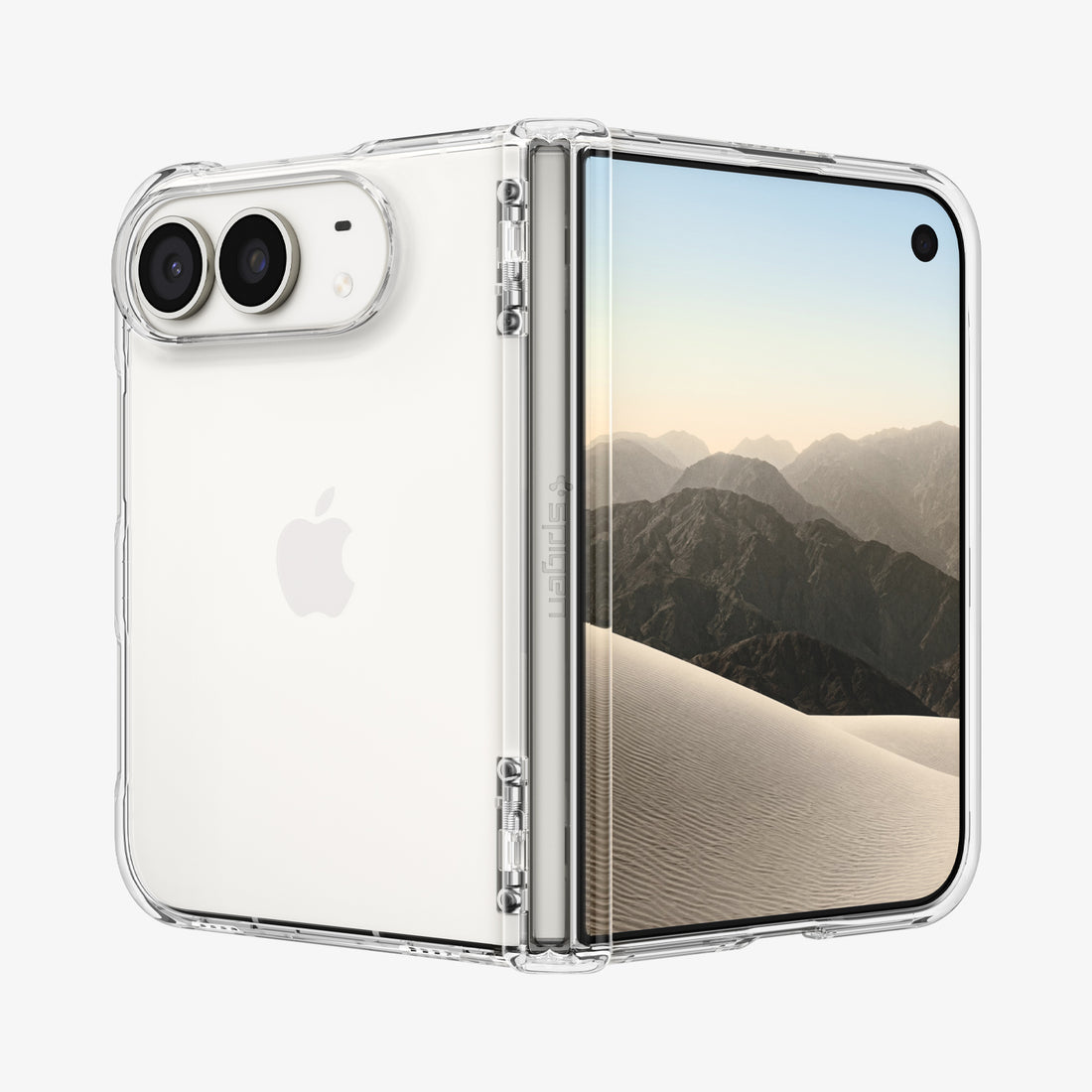 ACS11781 - iPhone Duo Ultra Hybrid Pro showing the case fully open with textured hinge protection and raised camera edges