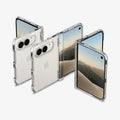ACS11781 - iPhone Duo Ultra Hybrid Pro showing multiple views of a foldable phone in a transparent case, highlighting the hinge cover, camera cutout, and protective edges.