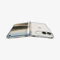 ACS11781 - iPhone Duo Ultra Hybrid Pro showing a partially folded phone with a transparent case, highlighting the hinge cover, side buttons, and precise cutouts.