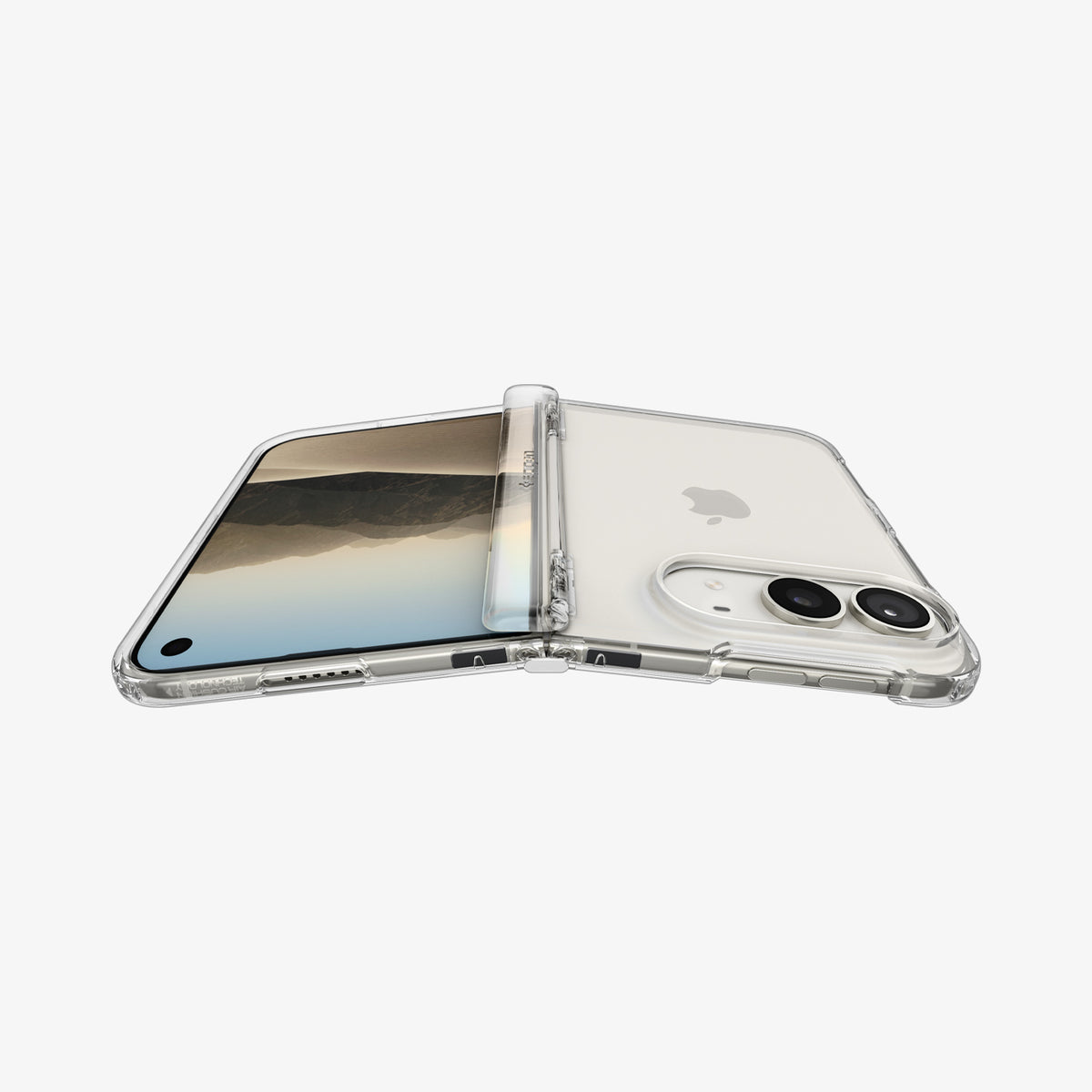 ACS11781 - iPhone Duo Ultra Hybrid Pro showing a partially folded phone with a transparent case, highlighting the hinge cover, side buttons, and precise cutouts.