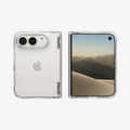 ACS11781 - iPhone Duo Ultra Hybrid Pro showing the front and back views of a foldable phone with a transparent case, featuring raised edges and a protective hinge design.