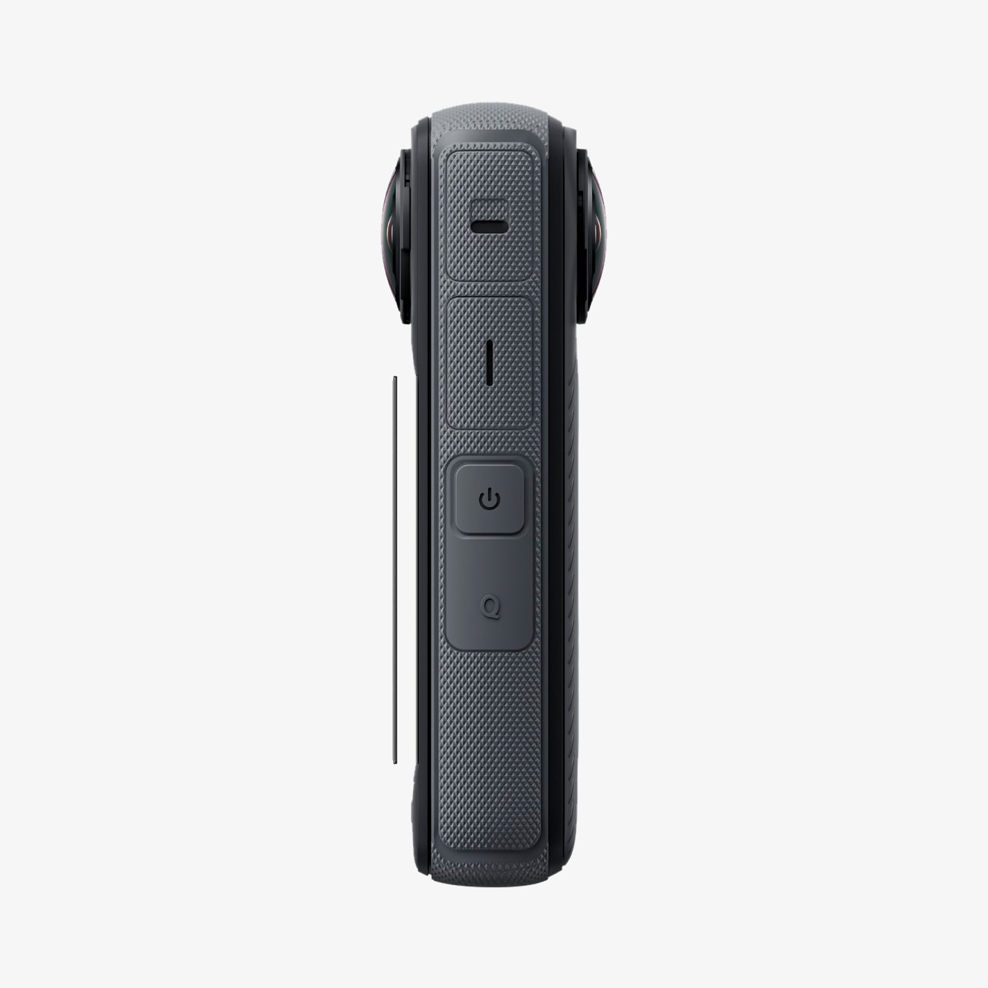 AGL09309 - X4 Insta360 Glas.tR SLIM in Black showing the side of the screen protector hovering in front of the device 