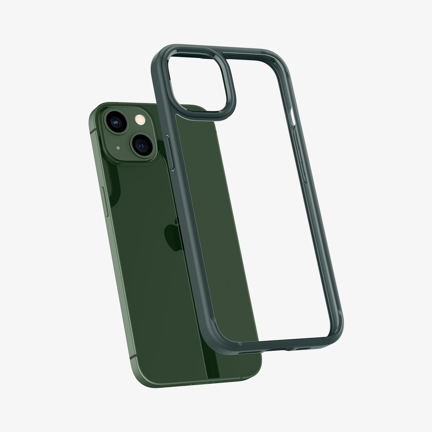 ACS04562 - iPhone 13 Case Ultra Hybrid in Midnight Green showing the back with case hovering away from device
