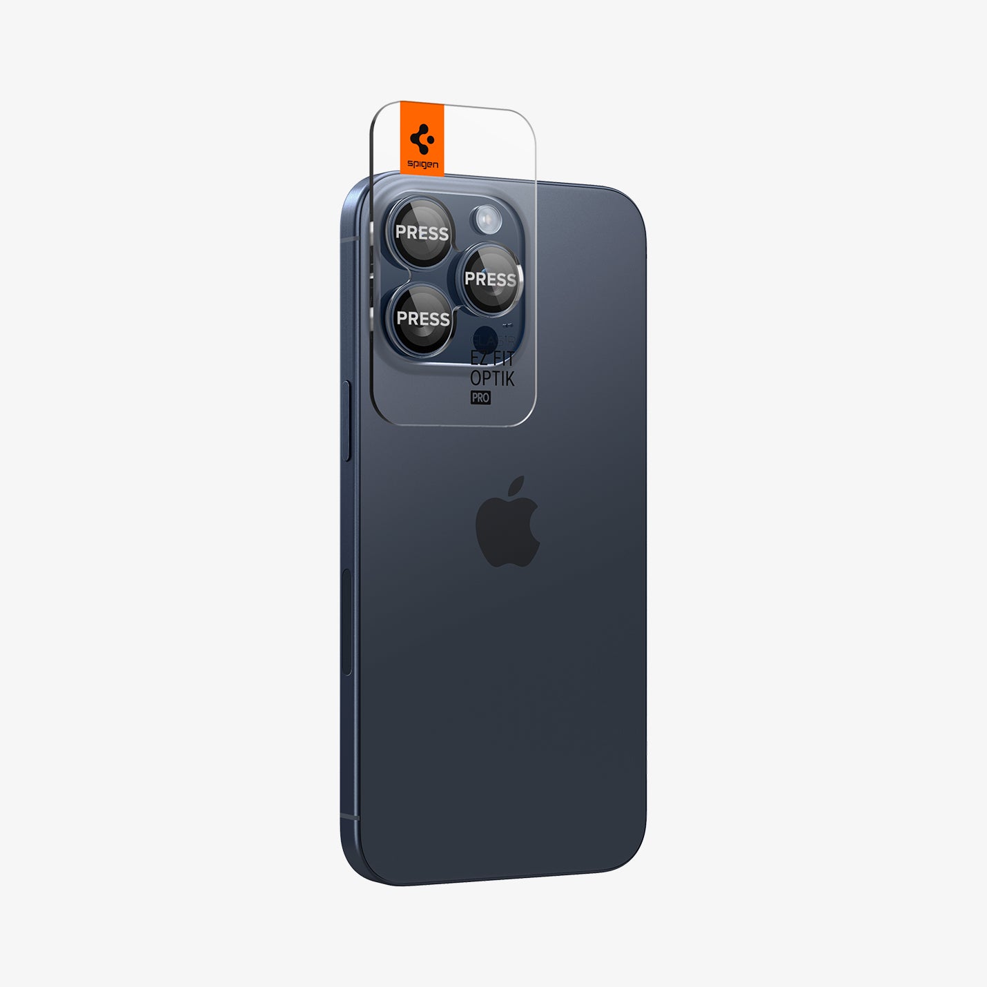 AGL07164 - iPhone 15 Pro / 15 Pro Max Optik Pro Lens Protector in blue titanium showing the back and side with ez fit tray installed onto camera lens