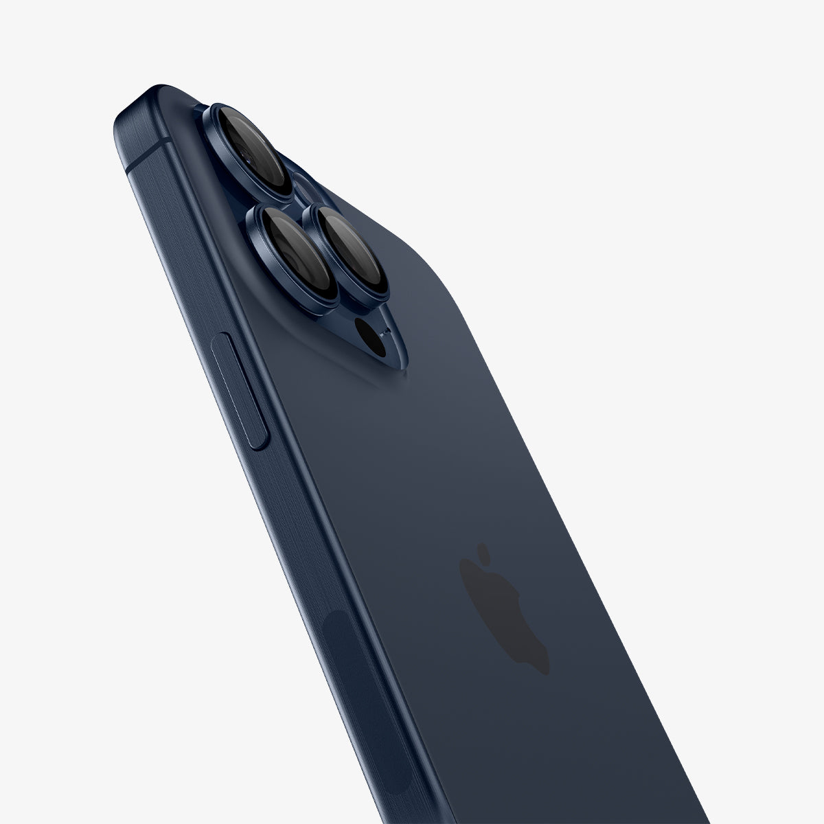 AGL07164 - iPhone 15 Pro / 15 Pro Max Optik Pro Lens Protector in blue titanium showing the back and side zoomed in on the camera lens
