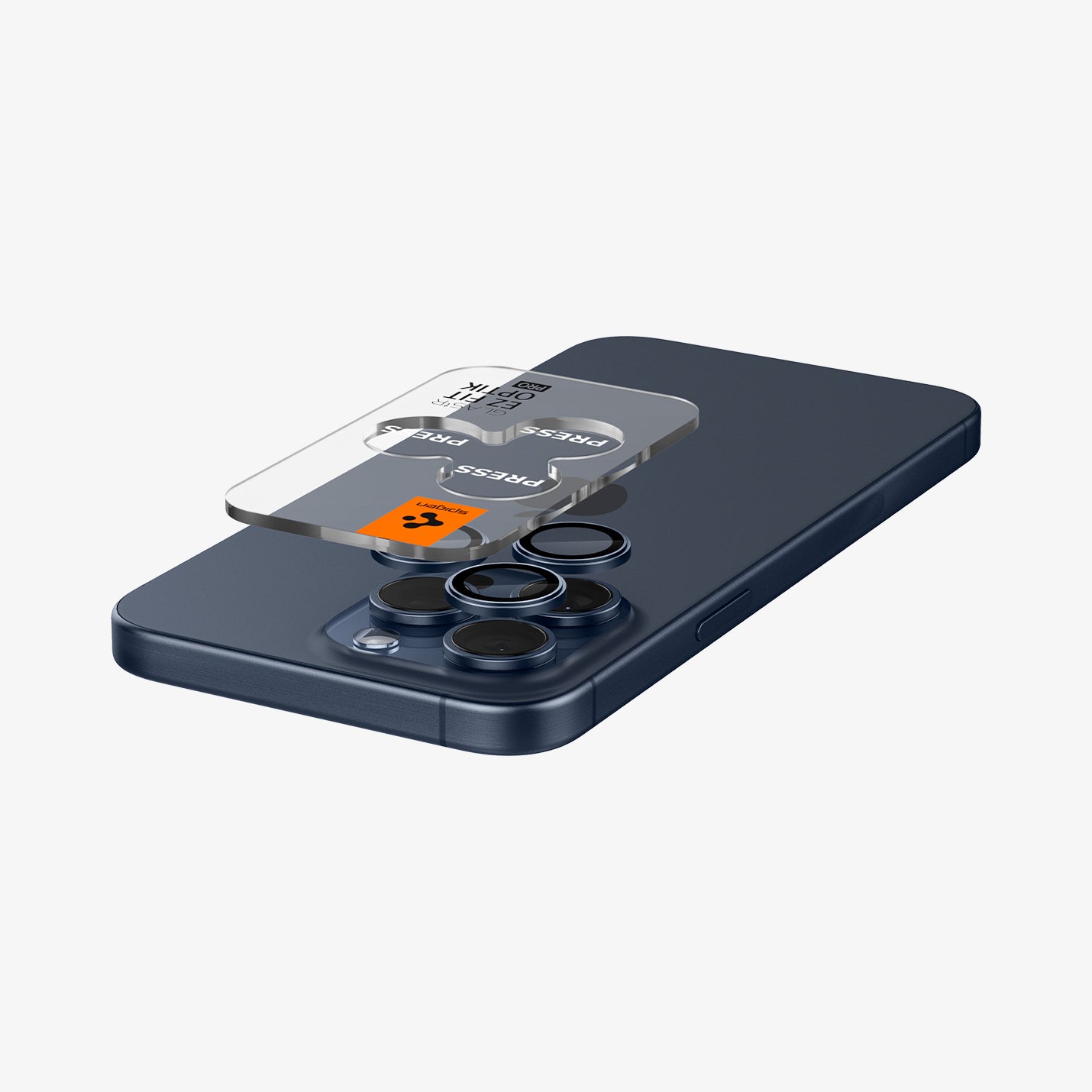 AGL07164 - iPhone 15 Pro / 15 Pro Max Optik Pro Lens Protector in blue titanium showing the ez fit tray and lens protector hovering above the camera lens